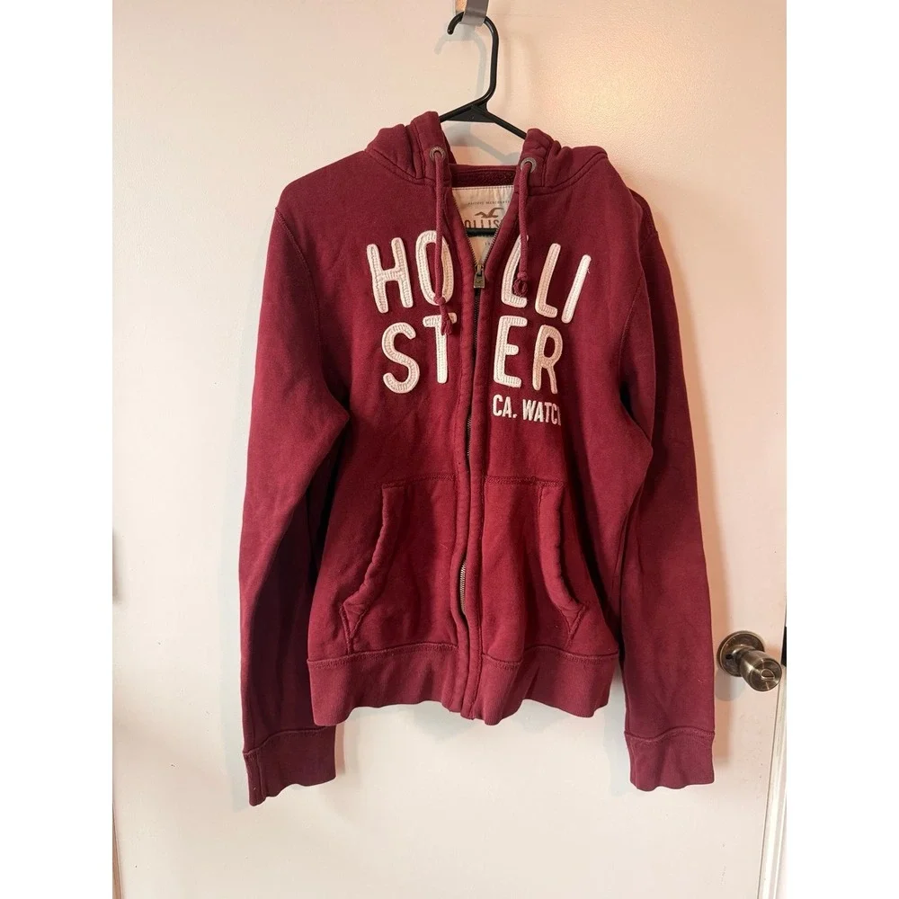 Y2K Hollister Hoodie Burgundy‎ Zip Up Sweater Unisex 2000s Red Sweater Graphic L